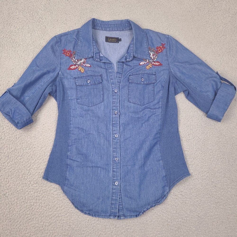 Cavalini‎ Denim Collection Blouse Womens Large Blue Floral Embroidered Button Up